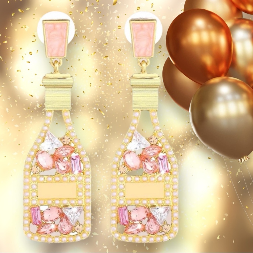 CHAMPANGE BOTTLE HANGING EARRINGS! PAVE CRYSTAL & BEADS MAKE THESE EARRI…